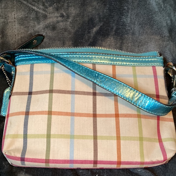 Coach Poppy small handbag  with iridescent turquoise leather trim & handle EUC - Picture 8 of 8